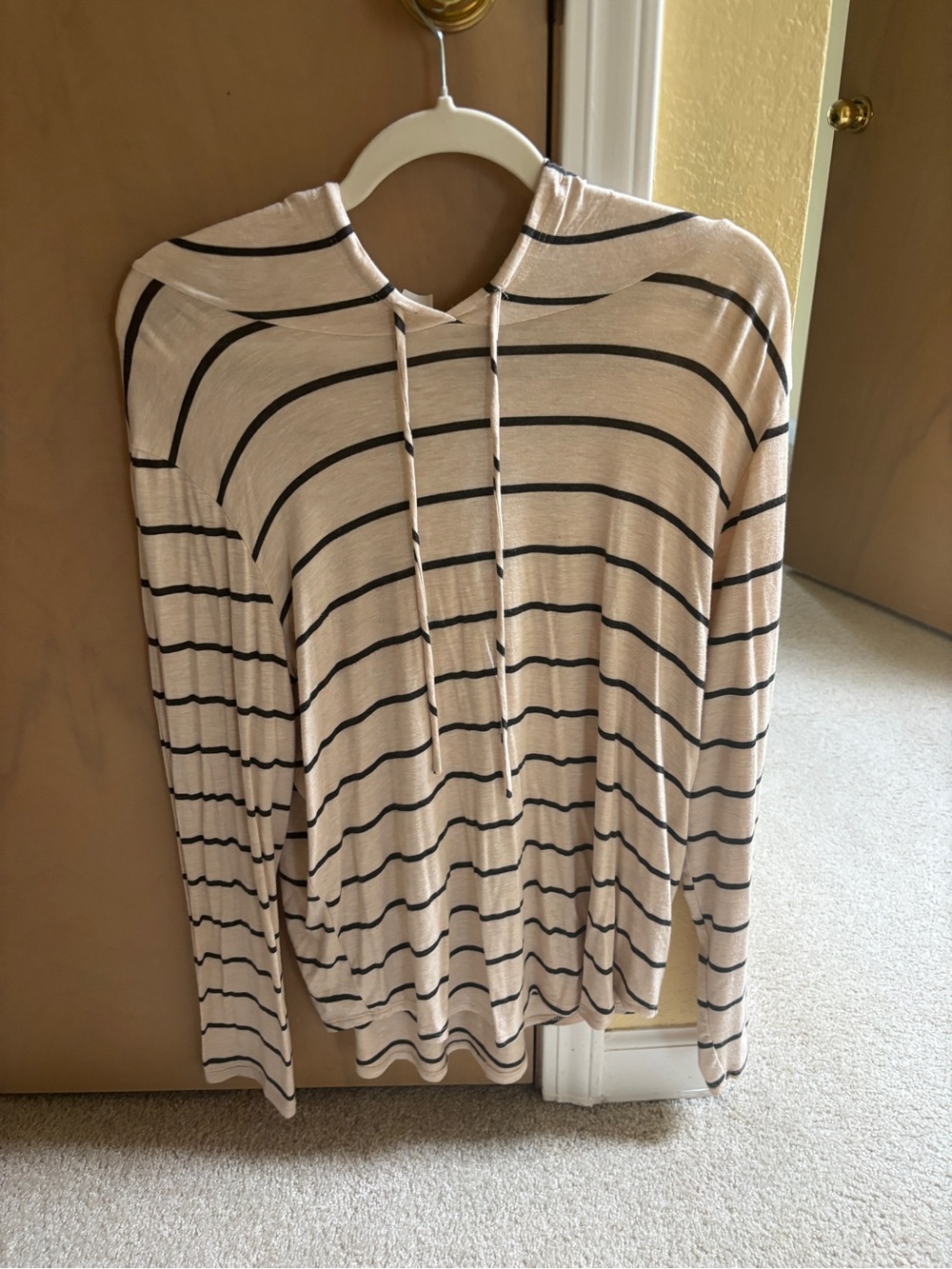 Pink Lily Striped Hooded Pullover in Beige and Black